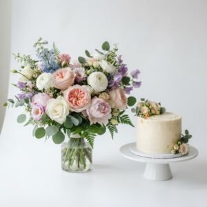aswathi s s a fresh flower bouquet paired with a small cake with white backgr 59123dc2 93f3 476a 86e8 691a1dee9561