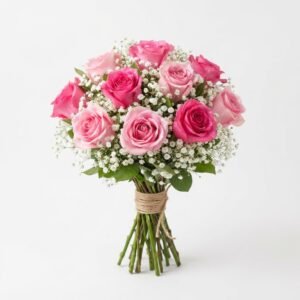 aswathi s s ten pink roses hand tied with babys breath with white backgroun 59b55306 8ce9 446d a13f dddb4fa41d7a