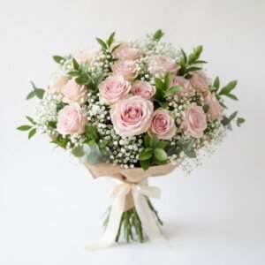 aswathi s s soft pink roses with babys breath and green fillers boquet with w 662e7d33 4cd2 4a72 b879 6bda516d0b60